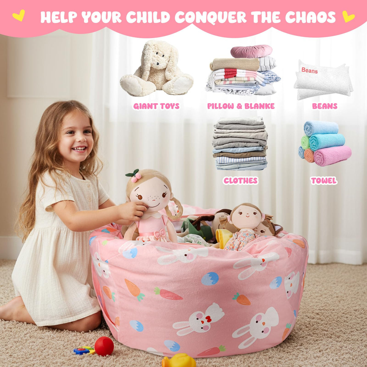 Children's Bean Bag Cover for Soft Toys 24 x 24 x 19.7 in - Toy Storage for Children's Room - Cuddly Toy Organiser for Plush Toys & Blankets Premium Velvet, Zip - Rabbit