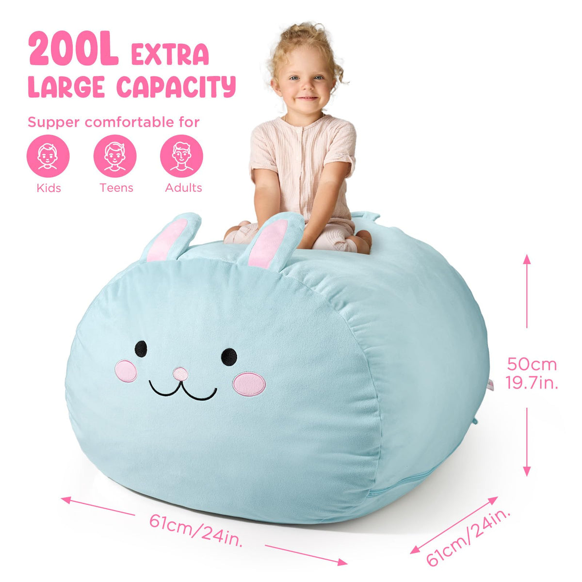 GAGAKU Stuffed Animal Bean Bag Cover Toy Storage, 24 Inches Kids BeanBag Crystal Blue Rabbit Large Zipper Bean Bag for Organizing Kids Plush Toys Home Supplies