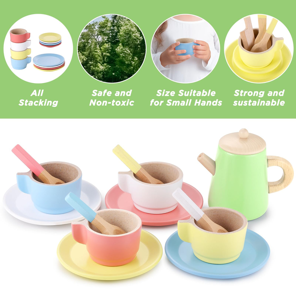 GAGAKU Wood Tea Set and Wooden Play Dishes 2 in 1 Play Food Set Toy 28 PCS Montessori Play Kitchen Accessories Kitchen for Toddlers Cooking Playset for 3-8 Years Girls and Boys