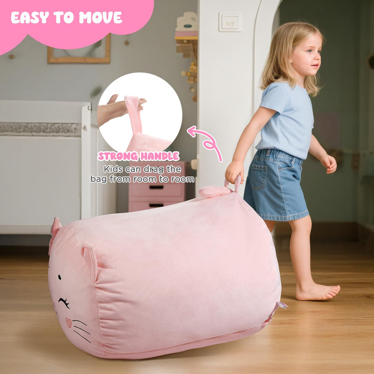 Children's Bean Bag Cover for Soft Toys 24 x 24 x 19.7 in - Toy Storage for Children's Room - Cuddly Toy Organiser for Plush Toys & Blankets Premium Velvet, Zip - Kitty