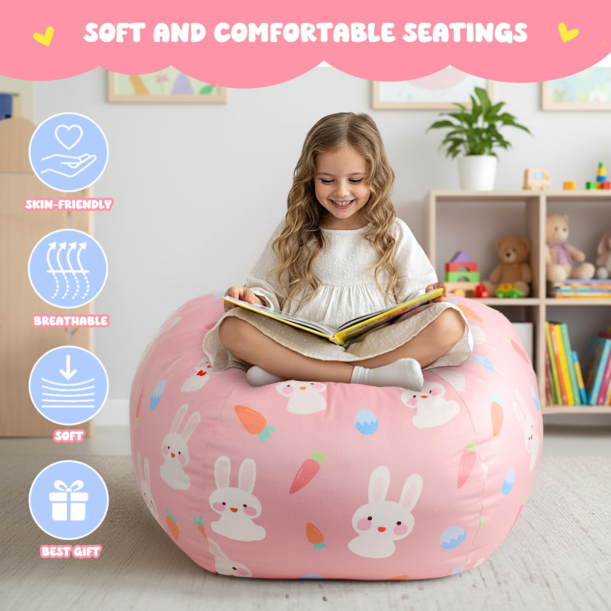 Children's Bean Bag Cover for Soft Toys 24 x 24 x 19.7 in - Toy Storage for Children's Room - Cuddly Toy Organiser for Plush Toys & Blankets Premium Velvet, Zip - Rabbit