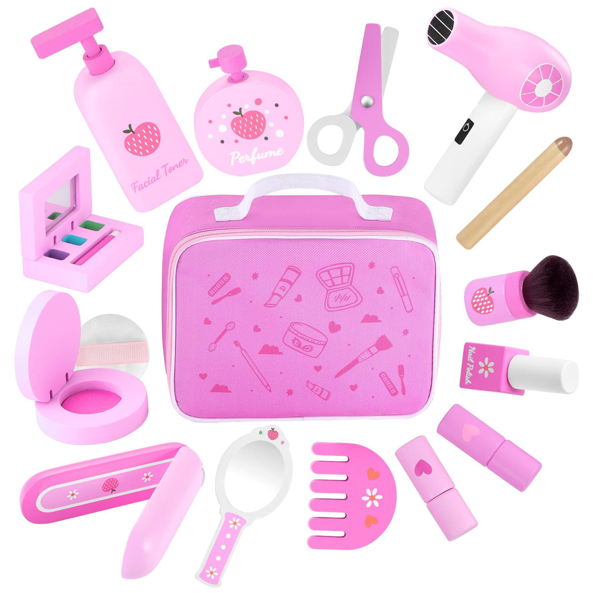 GAGAKU Wooden Makeup Toy Set Pretend Wood Beauty Hair Salon Toys for Toddler Wooden Makeup Kit for Girls with Styling Tools Christmas Birthday Gift for 3 4 5 6 7 Years Old Girls