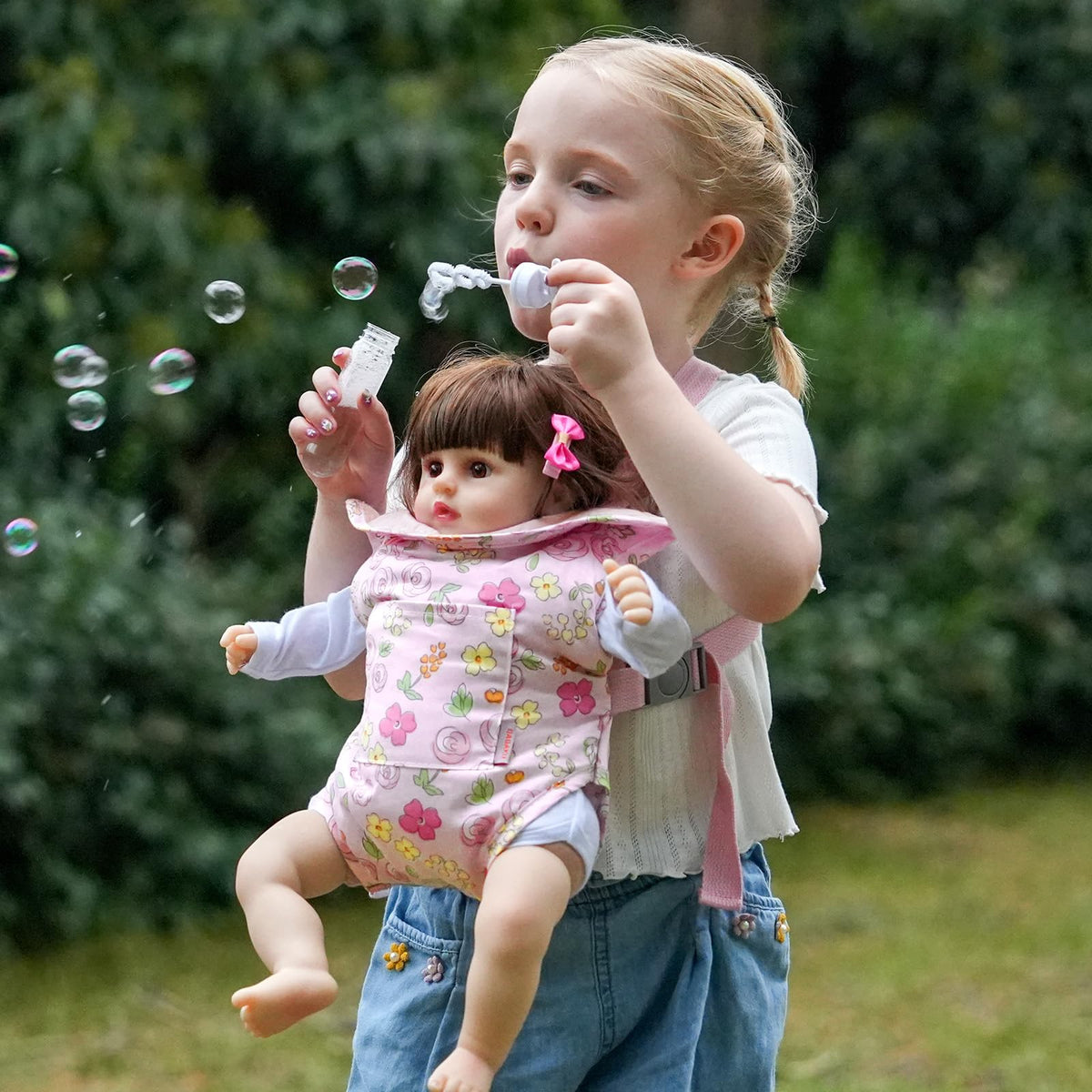 GAGAKU Baby Doll Carrier for Little Girls, Reborn Doll Accessories for Toddlers 3+ Years Old, Kids Toy Baby Dolls Sling Carrier - Pink - Moonflower