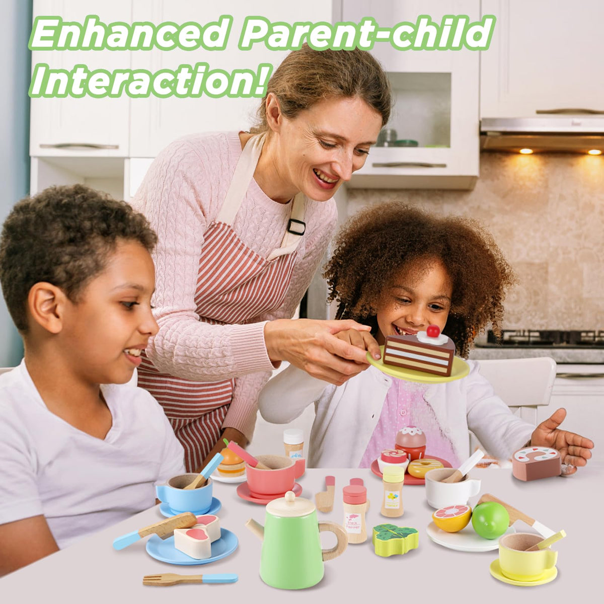 GAGAKU Wood Tea Set and Wooden Play Dishes 2 in 1 Play Food Set Toy 28 PCS Montessori Play Kitchen Accessories Kitchen for Toddlers Cooking Playset for 3-8 Years Girls and Boys