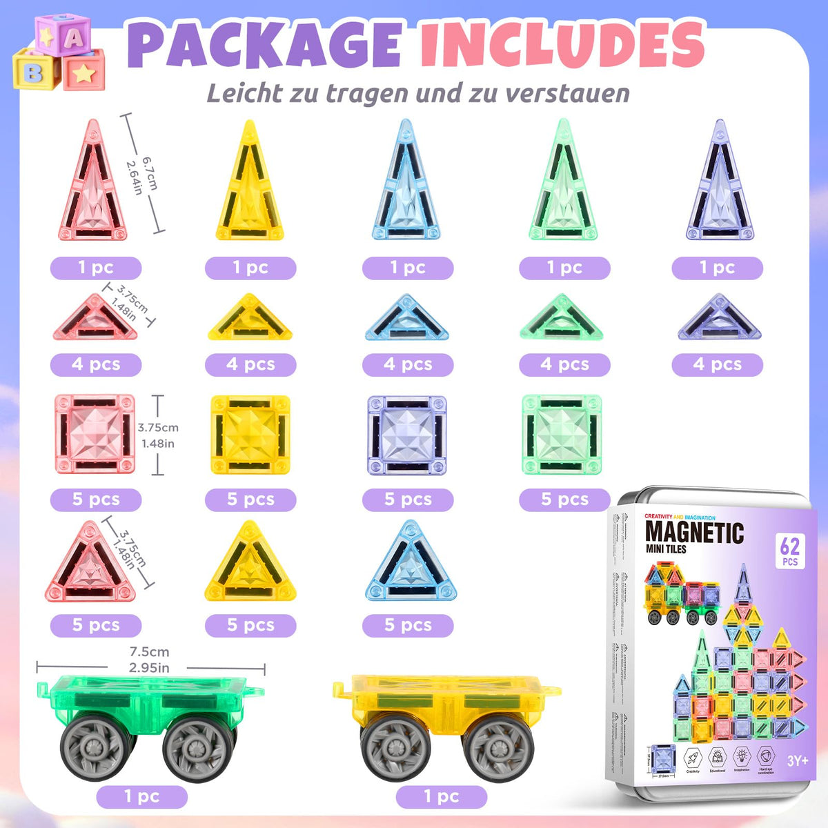 GAGAKU Mini Magnetic Tiles- 62 PCS Travel Magnetic Tile with Portable Storage Box Magnetic Blocks for Kids 3 4 5 6+ Portable Preschool STEM Educational Construction Sensory Gift Toys