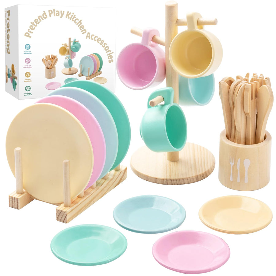 GAGAKU Kids Wooden Play Dishes Set -27Pcs Montessori Play Kitchen Accessories Plates and Bowls Set, Storage Stand & Play Food, Pretend Cooking Toys for Ages 3-5, Educational Gift for Toddler