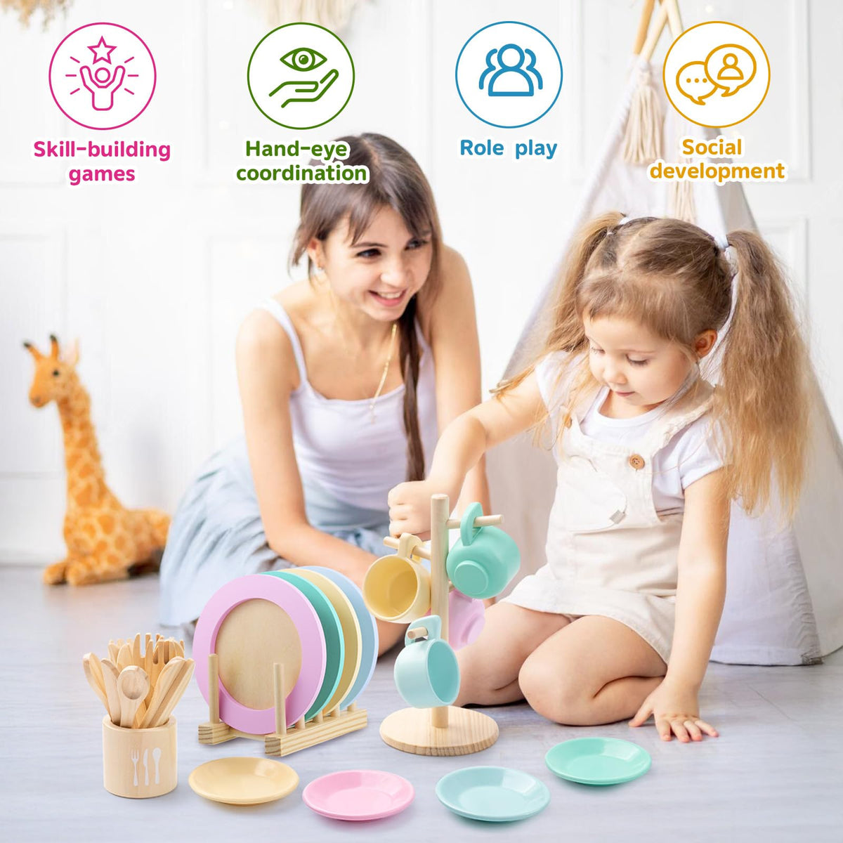 GAGAKU Kids Wooden Play Dishes Set -27Pcs Montessori Play Kitchen Accessories Plates and Bowls Set, Storage Stand & Play Food, Pretend Cooking Toys for Ages 3-5, Educational Gift for Toddler