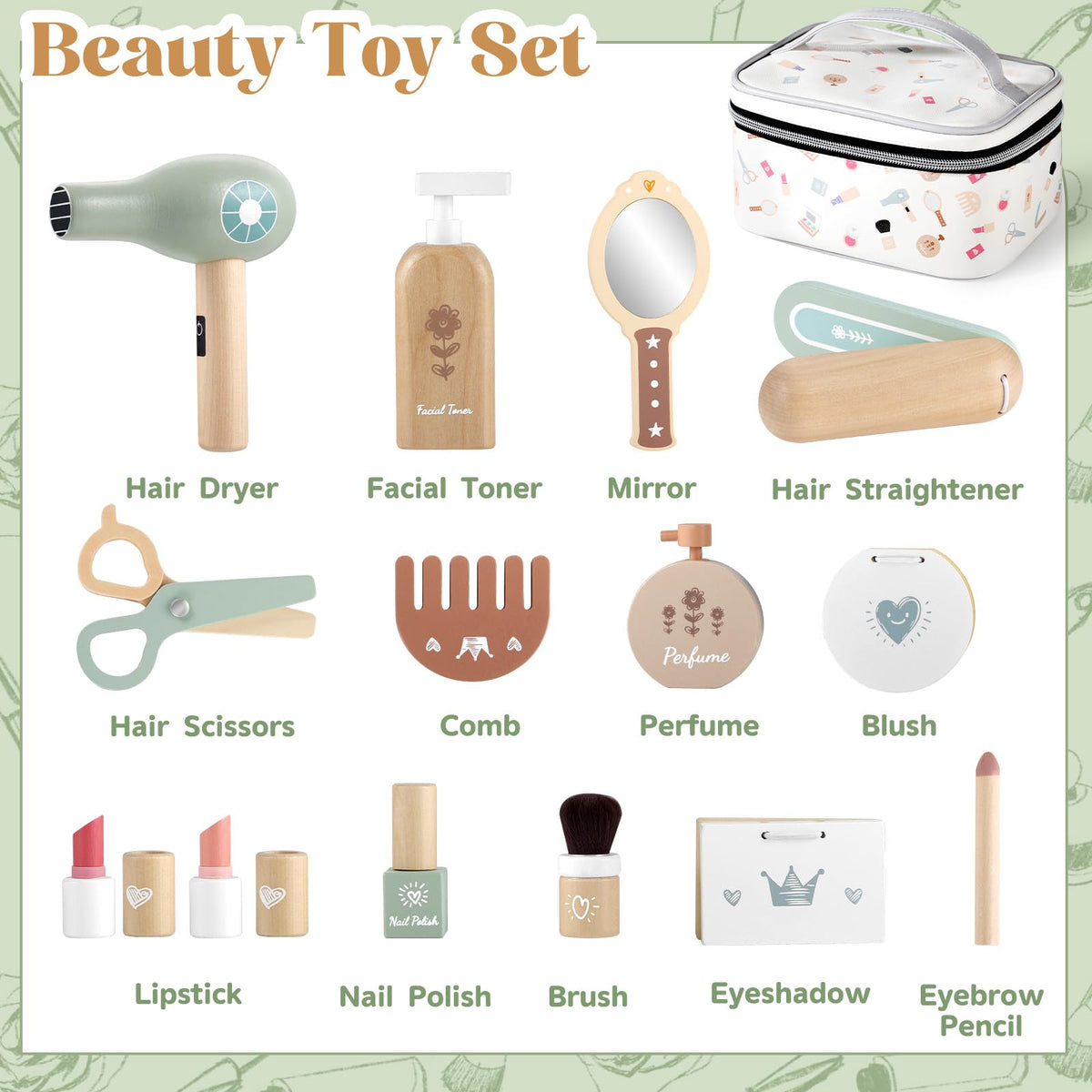 GAGAKU Wooden Makeup Toy Set for Toddlers 3-5 – 18-Piece Pretend Play Makeup Kit for Little Girls with Storage Bag, Realistic Lipstick & Mirror – Safe, Non-Toxic Dress-Up Gift for Age 3-6