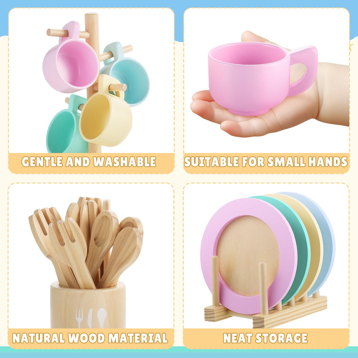 GAGAKU Kids Wooden Play Dishes Set -27Pcs Montessori Play Kitchen Accessories Plates and Bowls Set, Storage Stand & Play Food, Pretend Cooking Toys for Ages 3-5, Educational Gift for Toddler