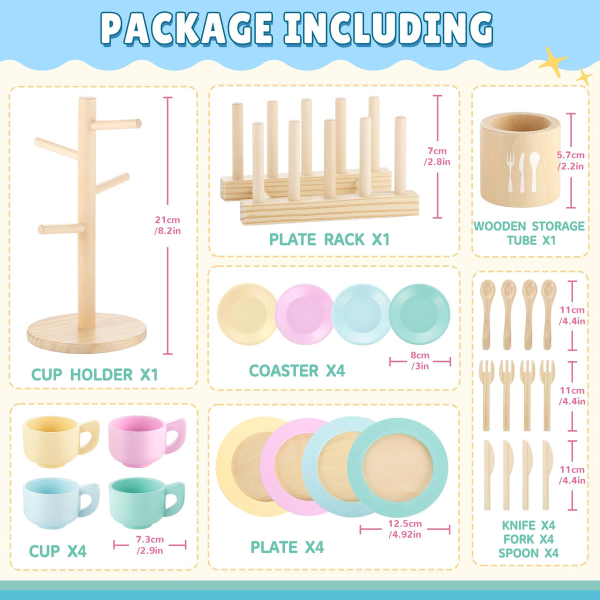 GAGAKU Kids Wooden Play Dishes Set -27Pcs Montessori Play Kitchen Accessories Plates and Bowls Set, Storage Stand & Play Food, Pretend Cooking Toys for Ages 3-5, Educational Gift for Toddler
