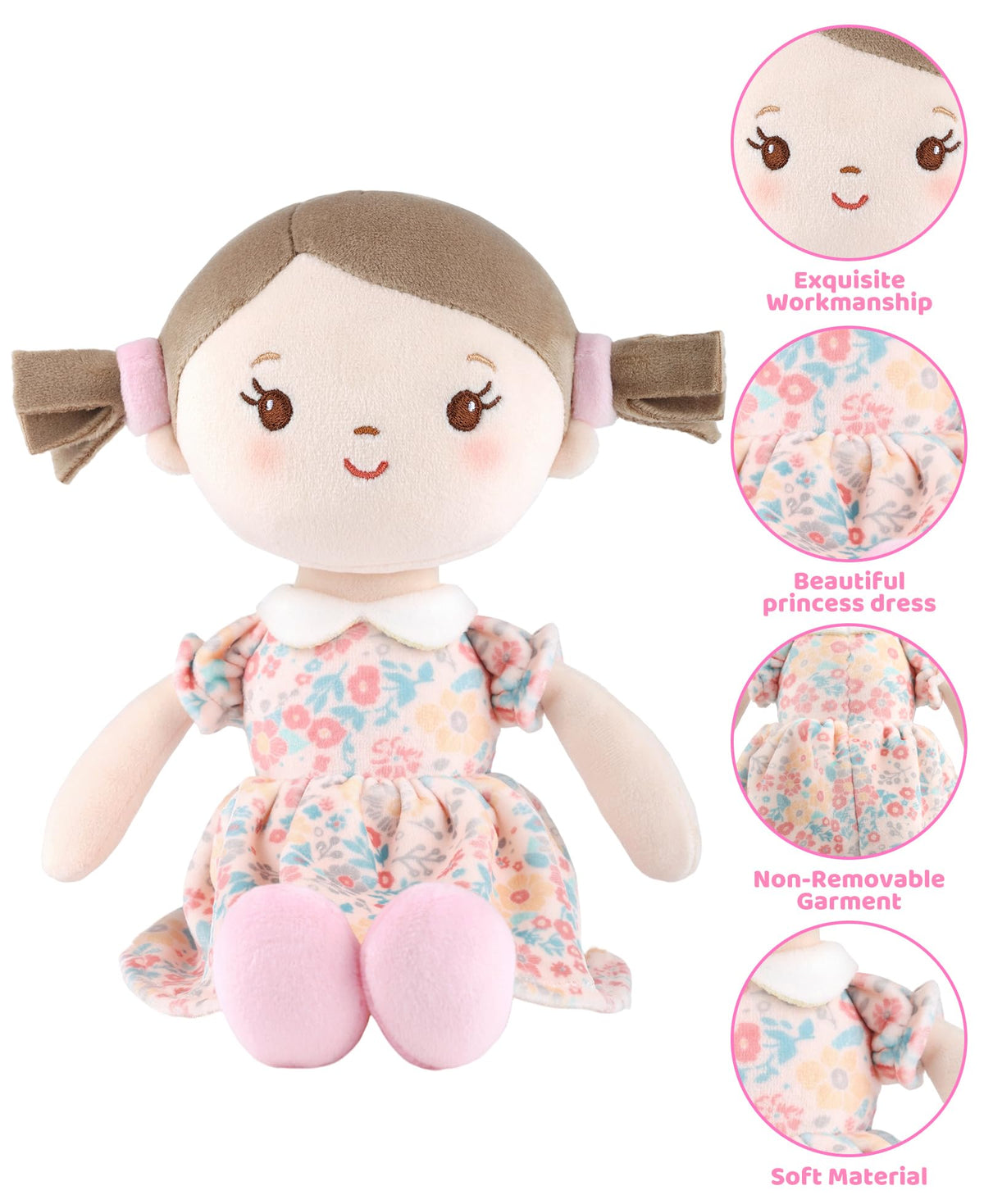 GAGAKU Soft Plush Baby Doll for Girls (12") - My First Baby Doll Gift for Girls, Toddlers & Infants, Machine Washable Rag Doll Toy - Pink Flower Girl