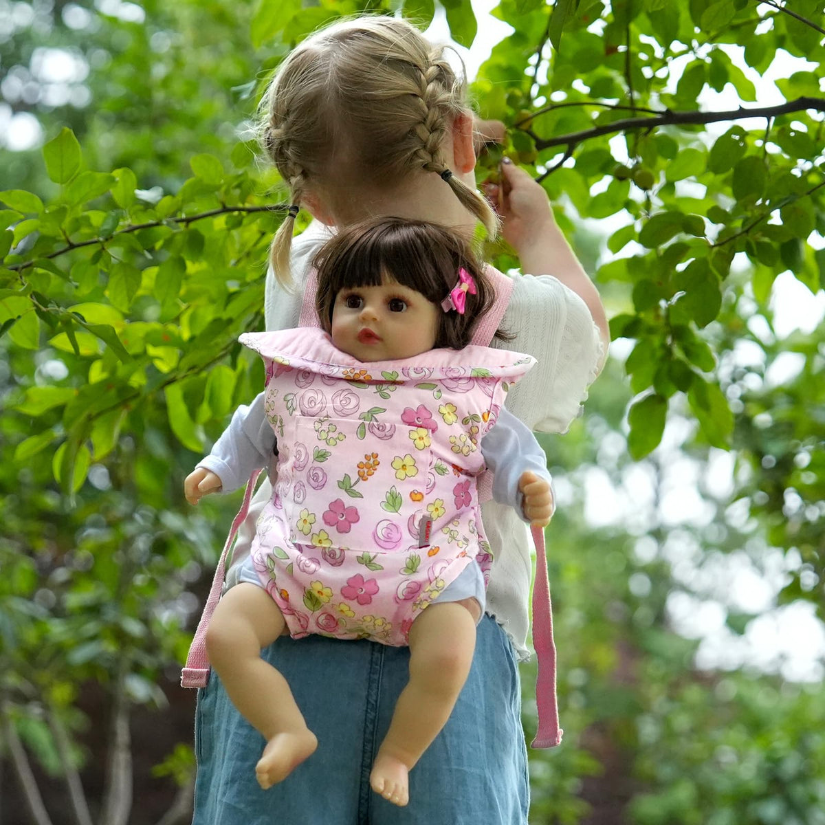GAGAKU Baby Doll Carrier for Little Girls, Reborn Doll Accessories for Toddlers 3+ Years Old, Kids Toy Baby Dolls Sling Carrier - Pink - Moonflower