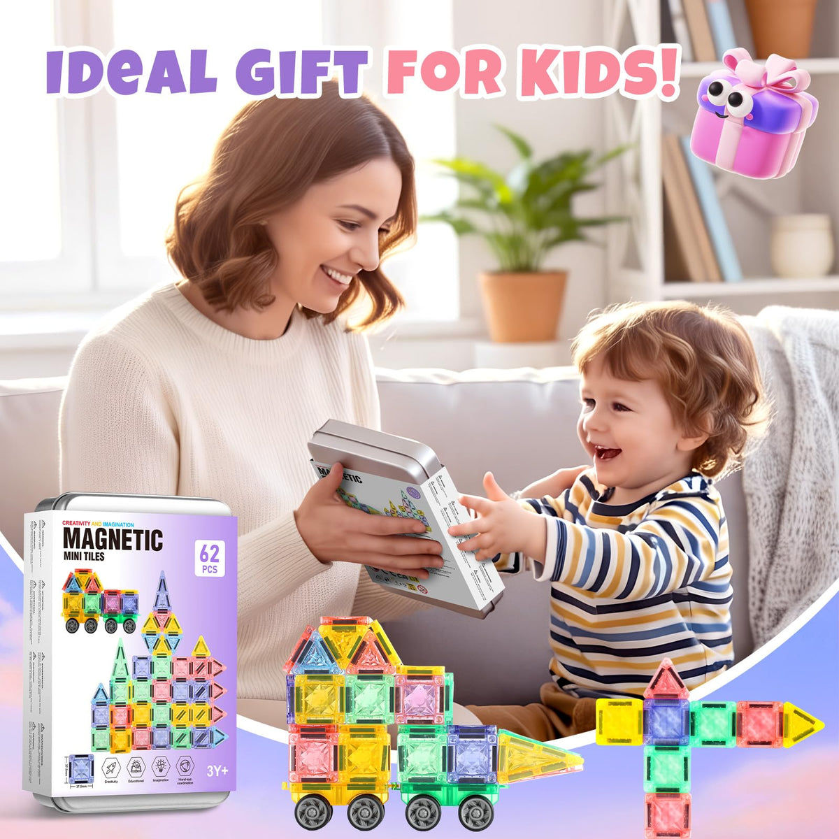 GAGAKU Mini Magnetic Tiles- 62 PCS Travel Magnetic Tile with Portable Storage Box Magnetic Blocks for Kids 3 4 5 6+ Portable Preschool STEM Educational Construction Sensory Gift Toys