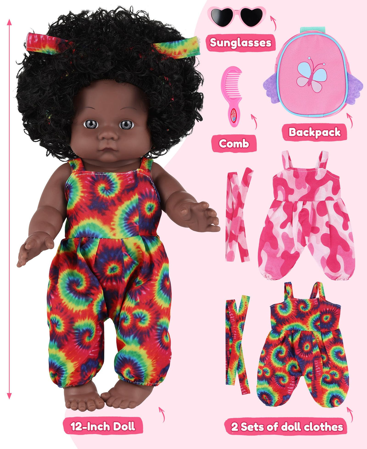 GAGAKU 12-Inch Black Baby Dolls with Natural Hair, Doll for Girls Toddlers Kids Ages 3+, Full Vinyl Baby Doll with Mini Backpack & Dolls Accessories