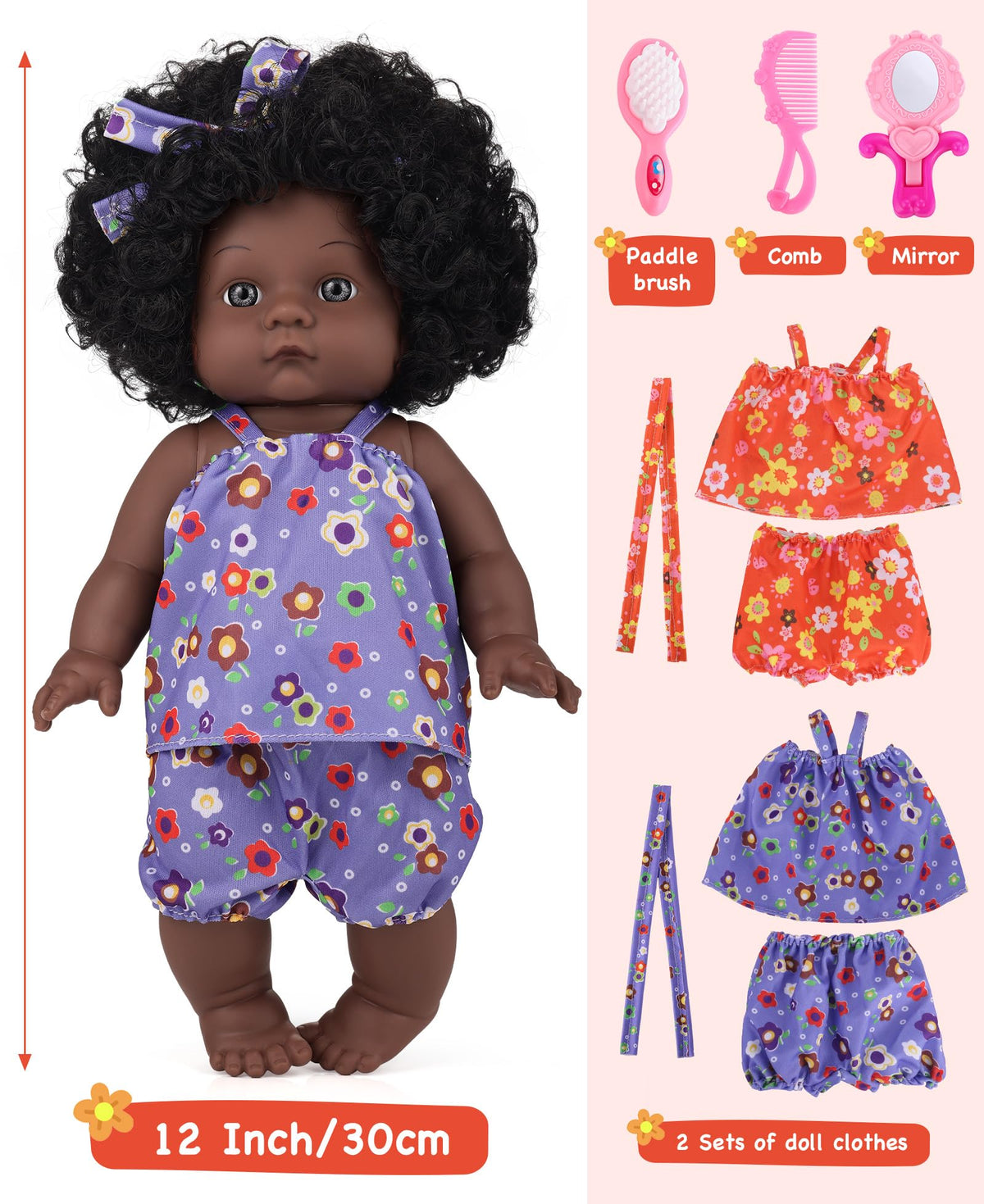 GAGAKU Black Baby Doll for 3 4 5 6 Years Old,12 inch Black Baby Dolls for Girls with Curly Hair, 2-Sets Doll Clothes, Small Baby Dolls for Toddlers Kids and Girls Holiday Birthday