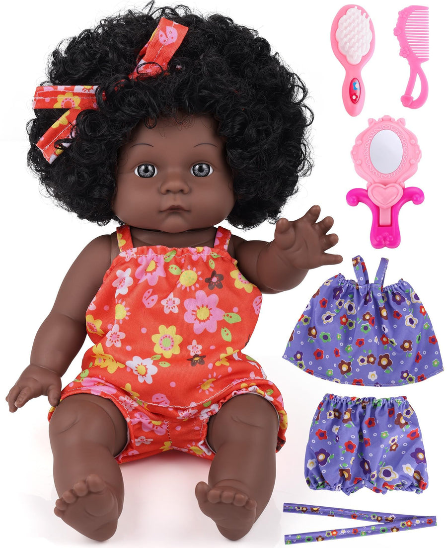 GAGAKU Black Baby Doll for 3 4 5 6 Years Old,12 inch Black Baby Dolls for Girls with Curly Hair, 2-Sets Doll Clothes, Small Baby Dolls for Toddlers Kids and Girls Holiday Birthday