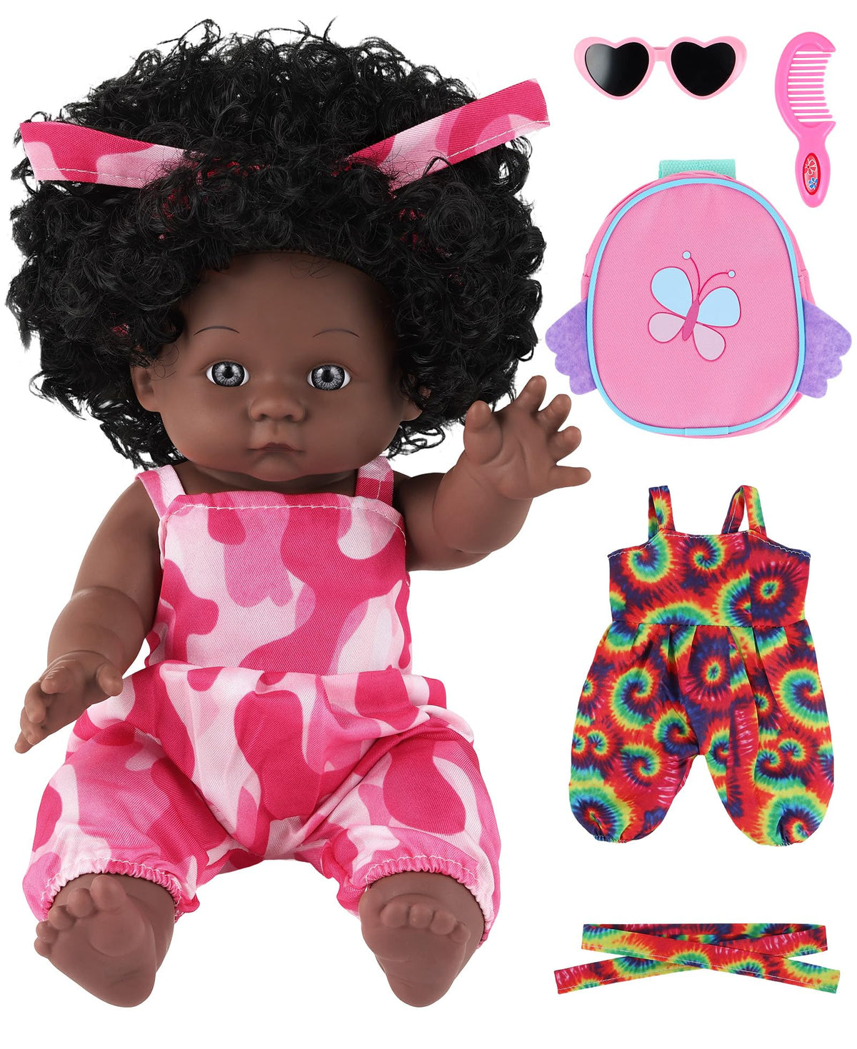 GAGAKU 12-Inch Black Baby Dolls with Natural Hair, Doll for Girls Toddlers Kids Ages 3+, Full Vinyl Baby Doll with Mini Backpack & Dolls Accessories