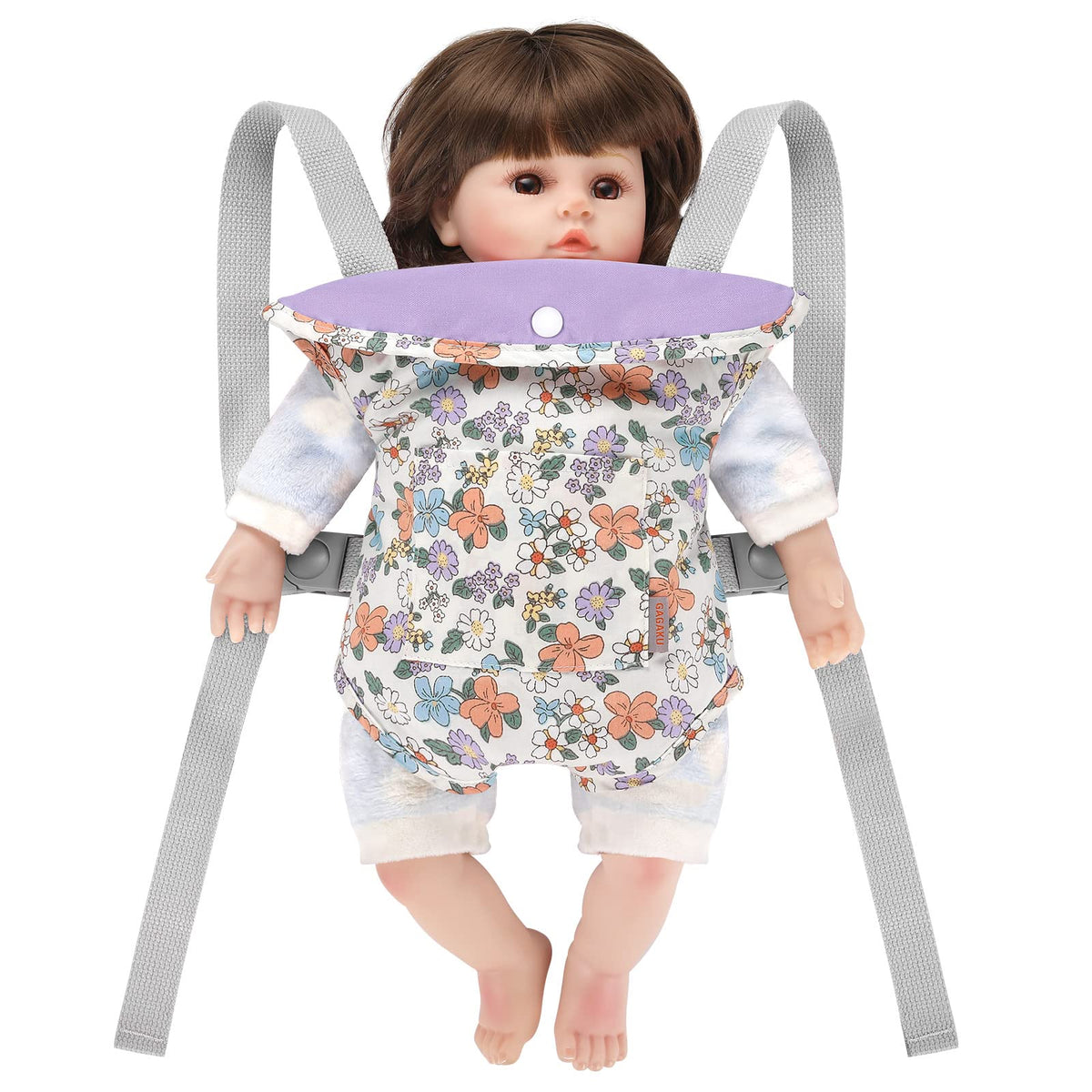 GAGAKU Baby Doll Carrier Stuffed Animal Carrier for Girls Doll Accessory Adjustable Straps for 12 to 24 inch Reborn Baby Dolls -Purple Flowers