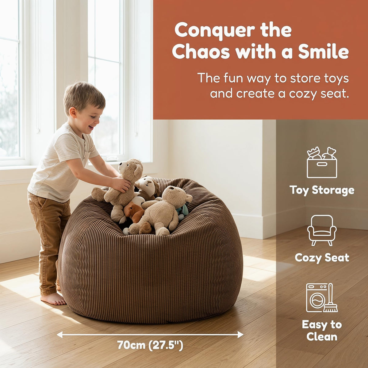 Stuffed Animal Storage BeanBag Chair Cover Large Toy Bean Bag for Stuffed Animals Room Decor - Cute Stuff Animal Organizer Plush Holder Kids Baby Nursery Essentials Wall Bedroom Home Decor