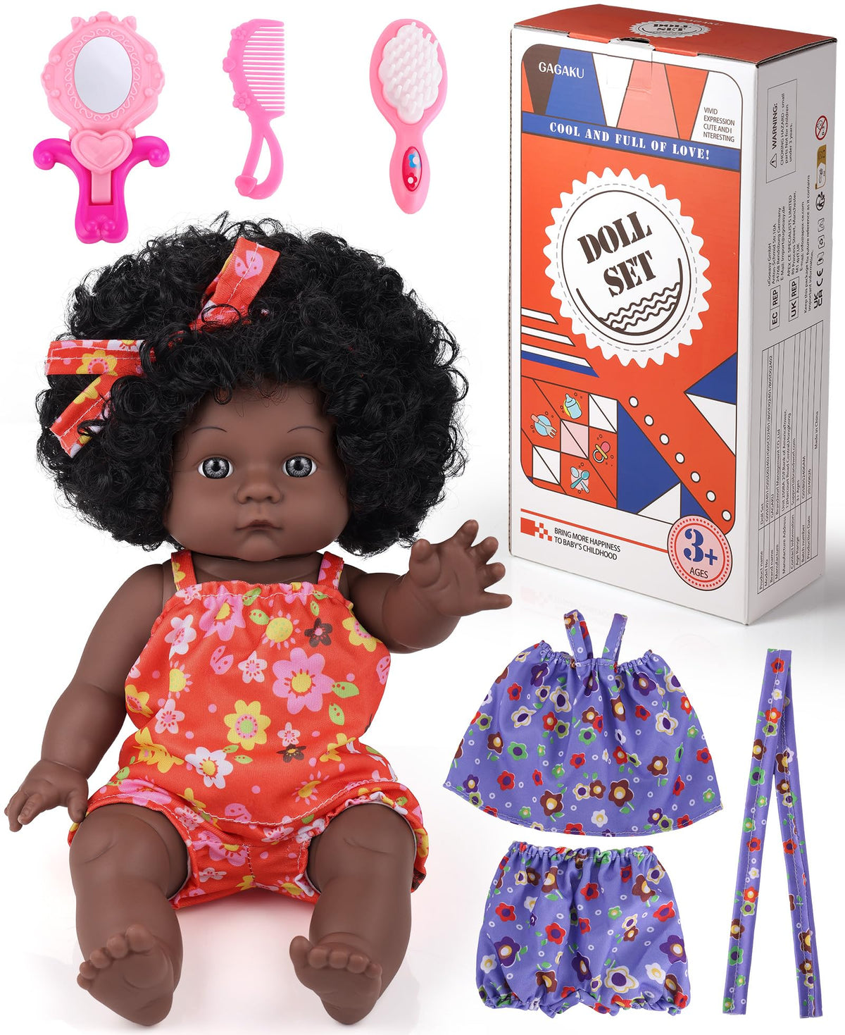 GAGAKU Black Baby Doll for 3 4 5 6 Years Old,12 inch Black Baby Dolls for Girls with Curly Hair, 2-Sets Doll Clothes, Small Baby Dolls for Toddlers Kids and Girls Holiday Birthday