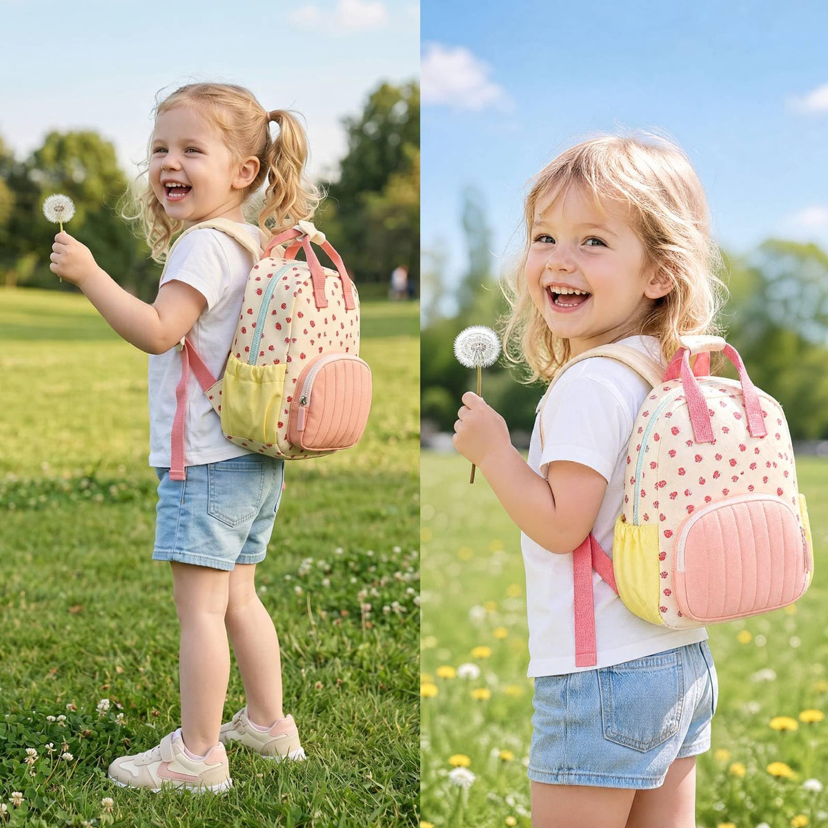 GAGAKU Toddler Backpack for Girls 2-4 Strawberry Cute Preschool Kindergarten Backpack with Name Tag Soft Cotton Small Bookbag for Daycare Lightweight Adjustable Straps with Chest Buckle