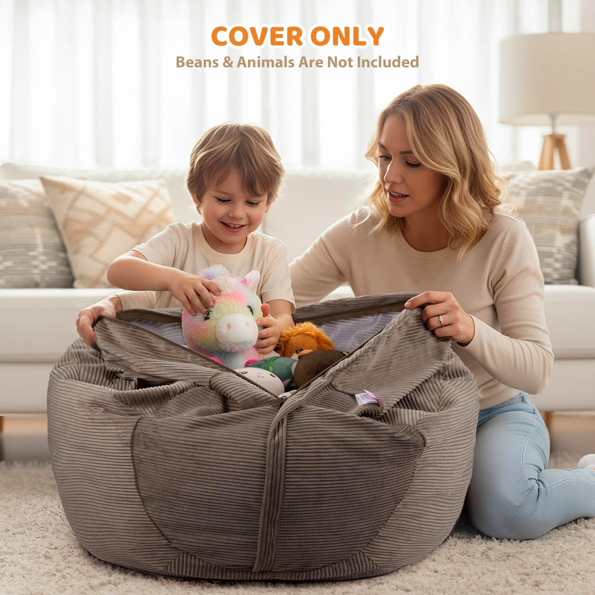 Stuffed Animal Storage BeanBag Chair Cover Large Toy Bean Bag for Stuffed Animals Room Decor - Cute Stuff Animal Organizer Plush Holder Kids Baby Nursery Essentials Wall Bedroom Home Decor