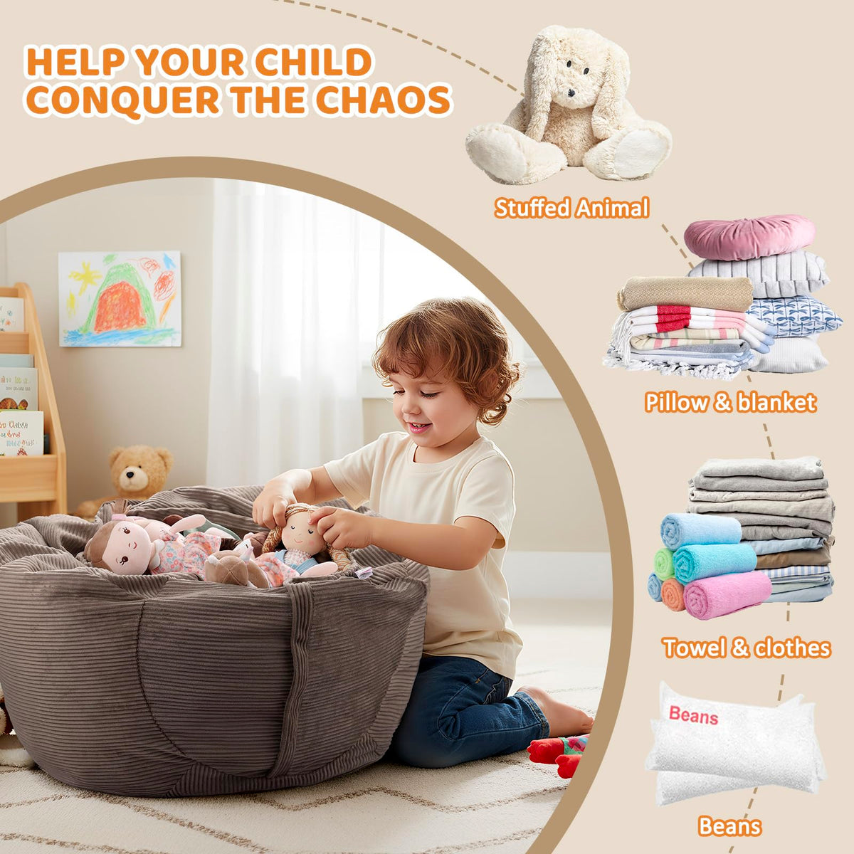 Stuffed Animal Storage BeanBag Chair Cover Large Toy Bean Bag for Stuffed Animals Room Decor - Cute Stuff Animal Organizer Plush Holder Kids Baby Nursery Essentials Wall Bedroom Home Decor