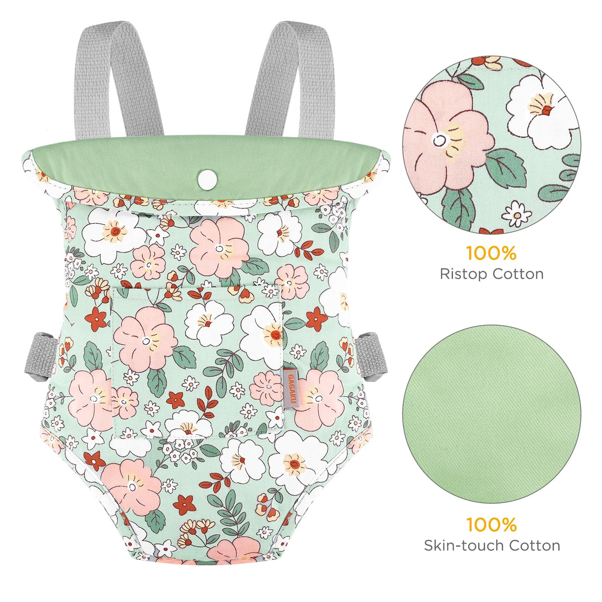 GAGAKU Toy Baby Doll Carrier for Toddlers 3+ Years Old, Reborn Baby Doll Accessories Pretend & Role Play Carriers for Kids - Green Camellia