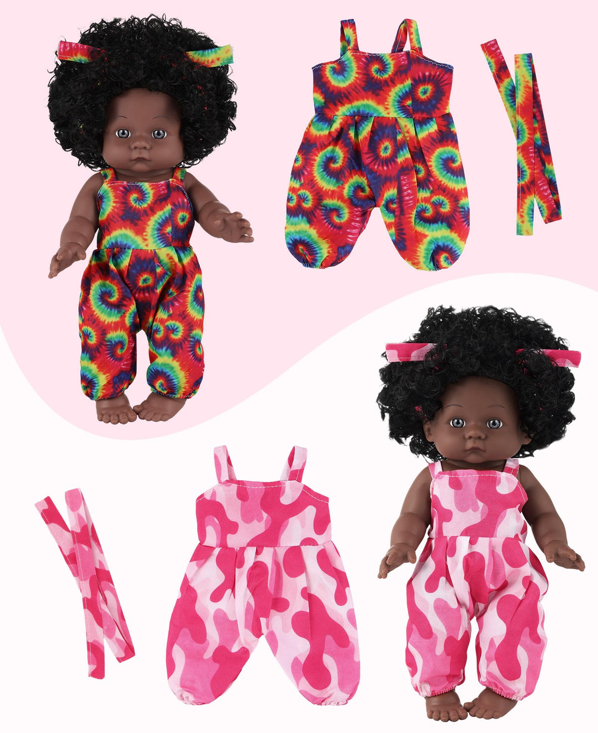 GAGAKU 12-Inch Black Baby Dolls with Natural Hair, Doll for Girls Toddlers Kids Ages 3+, Full Vinyl Baby Doll with Mini Backpack & Dolls Accessories