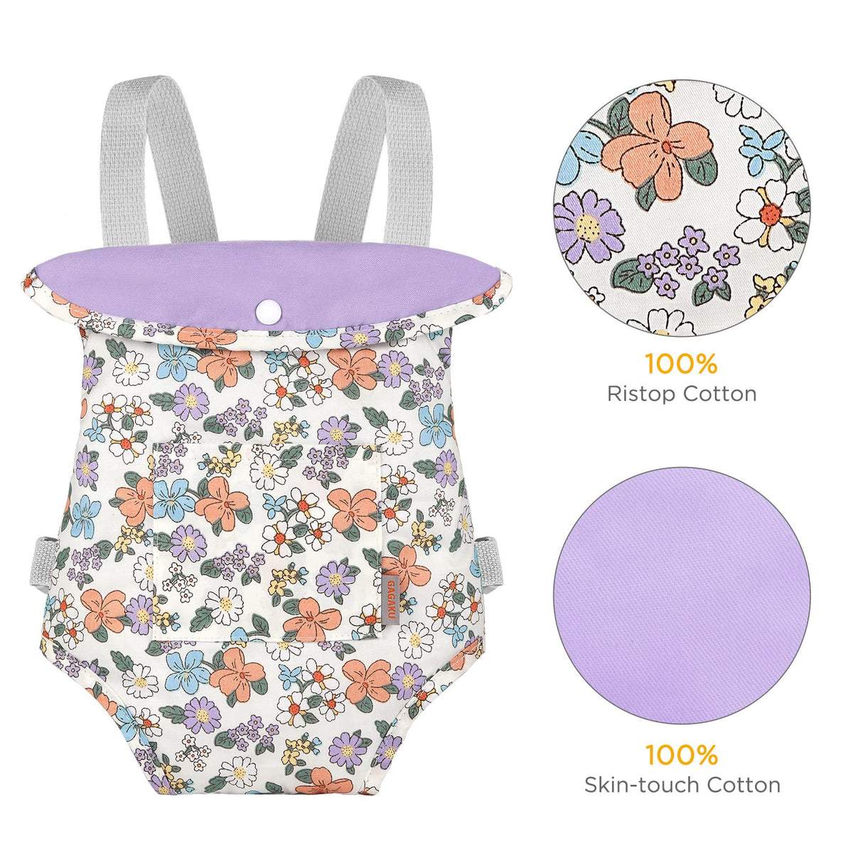 GAGAKU Baby Doll Carrier Stuffed Animal Carrier for Girls Doll Accessory Adjustable Straps for 12 to 24 inch Reborn Baby Dolls -Purple Flowers