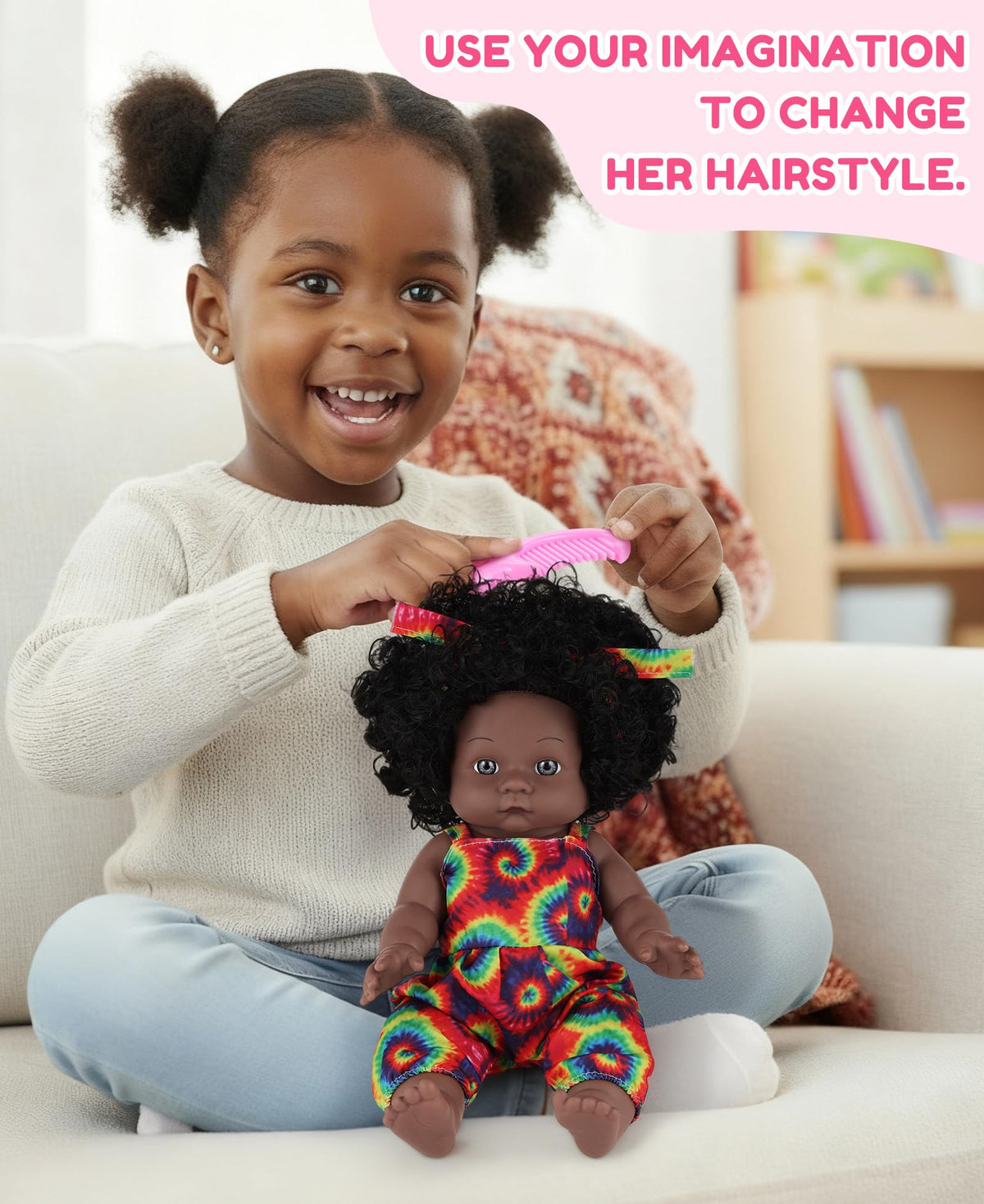 GAGAKU 12-Inch Black Baby Dolls with Natural Hair, Doll for Girls Toddlers Kids Ages 3+, Full Vinyl Baby Doll with Mini Backpack & Dolls Accessories