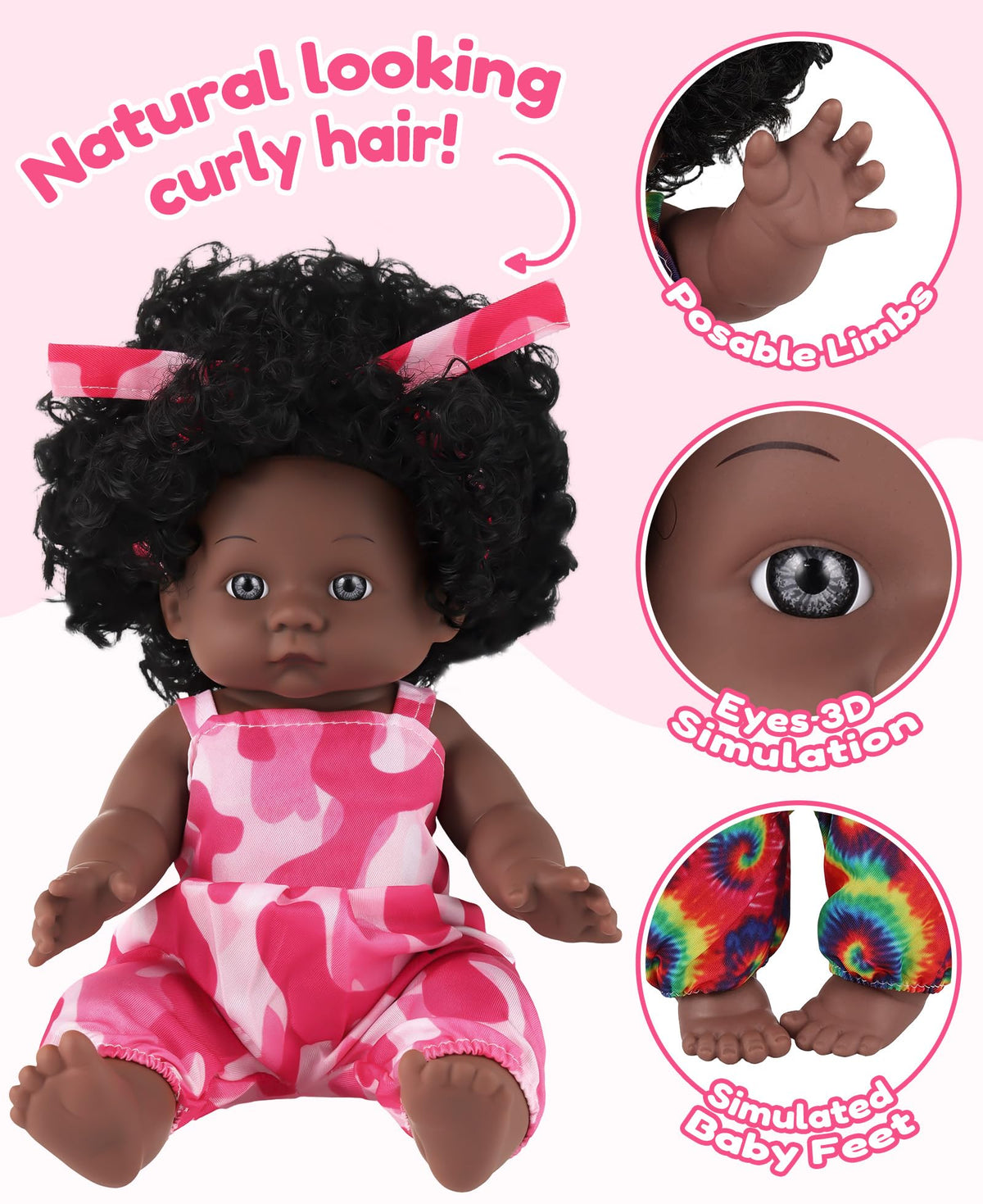 GAGAKU 12-Inch Black Baby Dolls with Natural Hair, Doll for Girls Toddlers Kids Ages 3+, Full Vinyl Baby Doll with Mini Backpack & Dolls Accessories