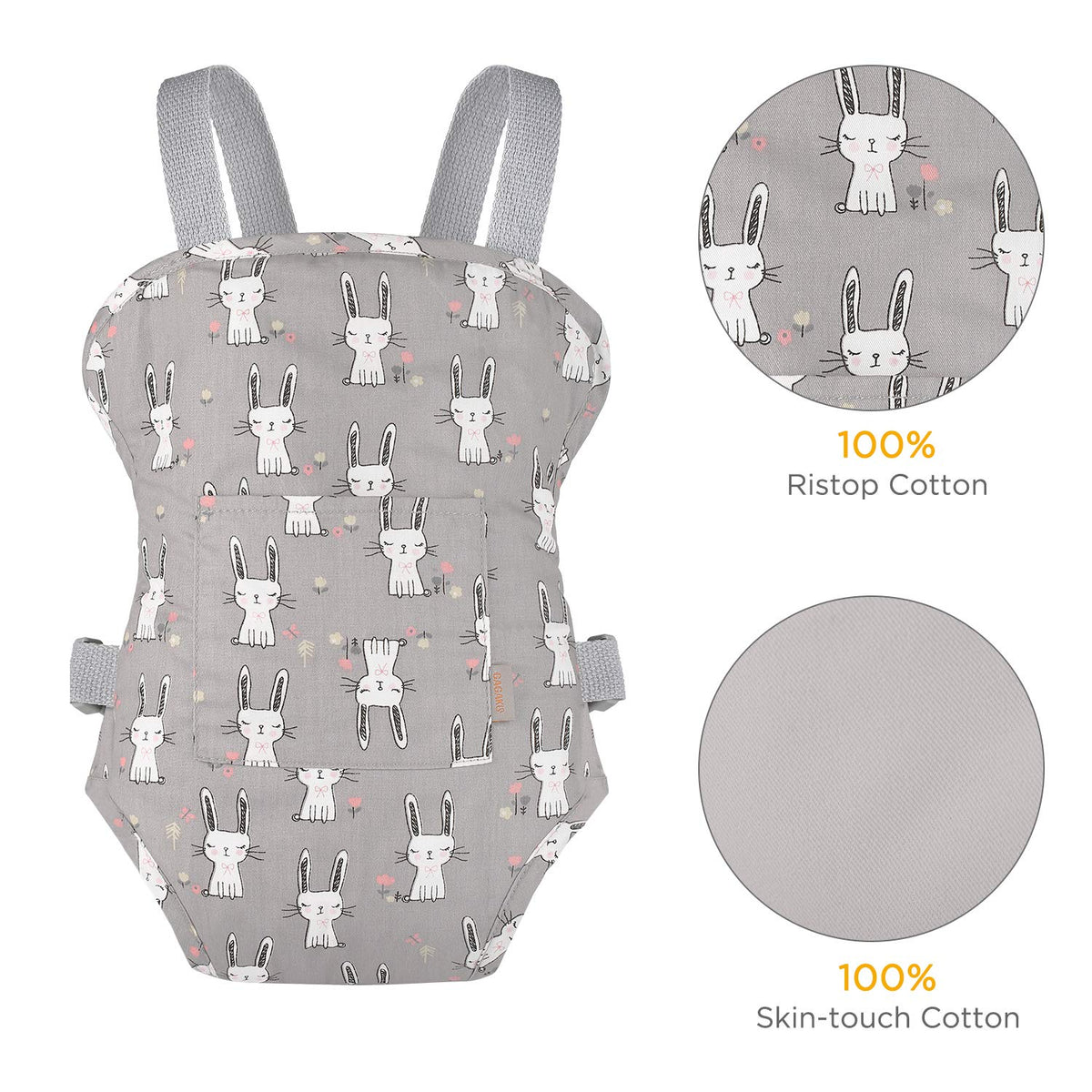 GAGAKU Baby Doll Carrier for Little Girls, Reborn Doll Accessories for Toddlers 3+, Kids Toy Baby Dolls Sling Carrier - Gray - Rabbit