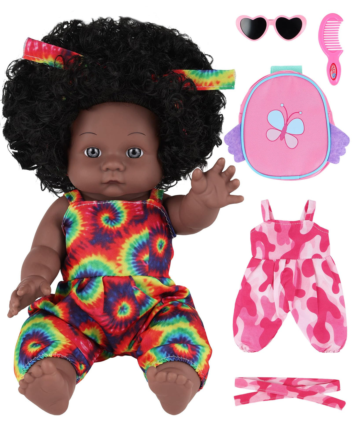 GAGAKU 12-Inch Black Baby Dolls with Natural Hair, Doll for Girls Toddlers Kids Ages 3+, Full Vinyl Baby Doll with Mini Backpack & Dolls Accessories